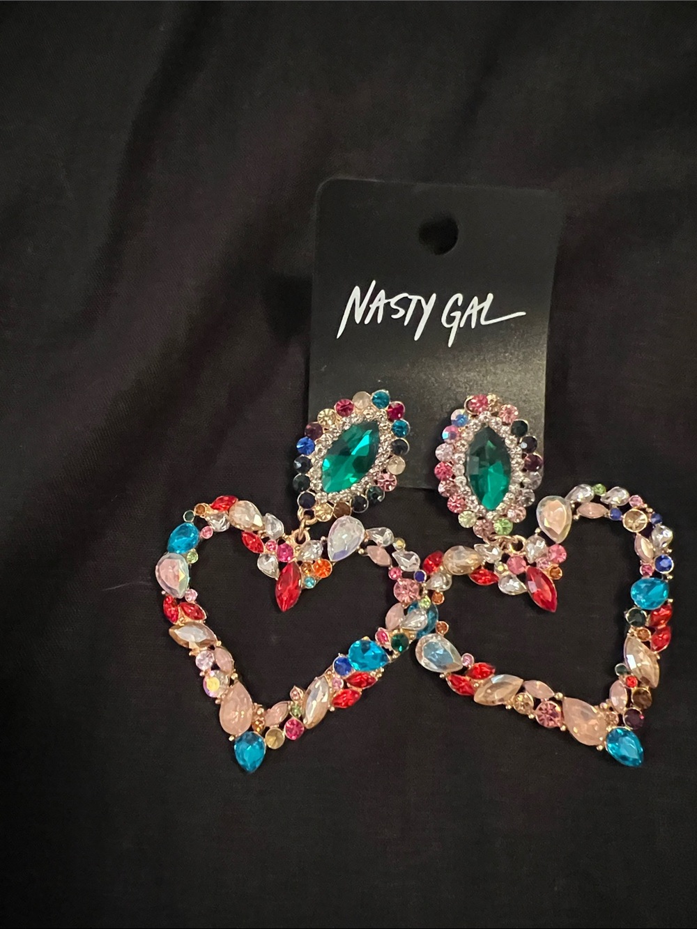 Nasty Gal Multicolored Jeweled Heart Drop Earrings with Emerald Accent